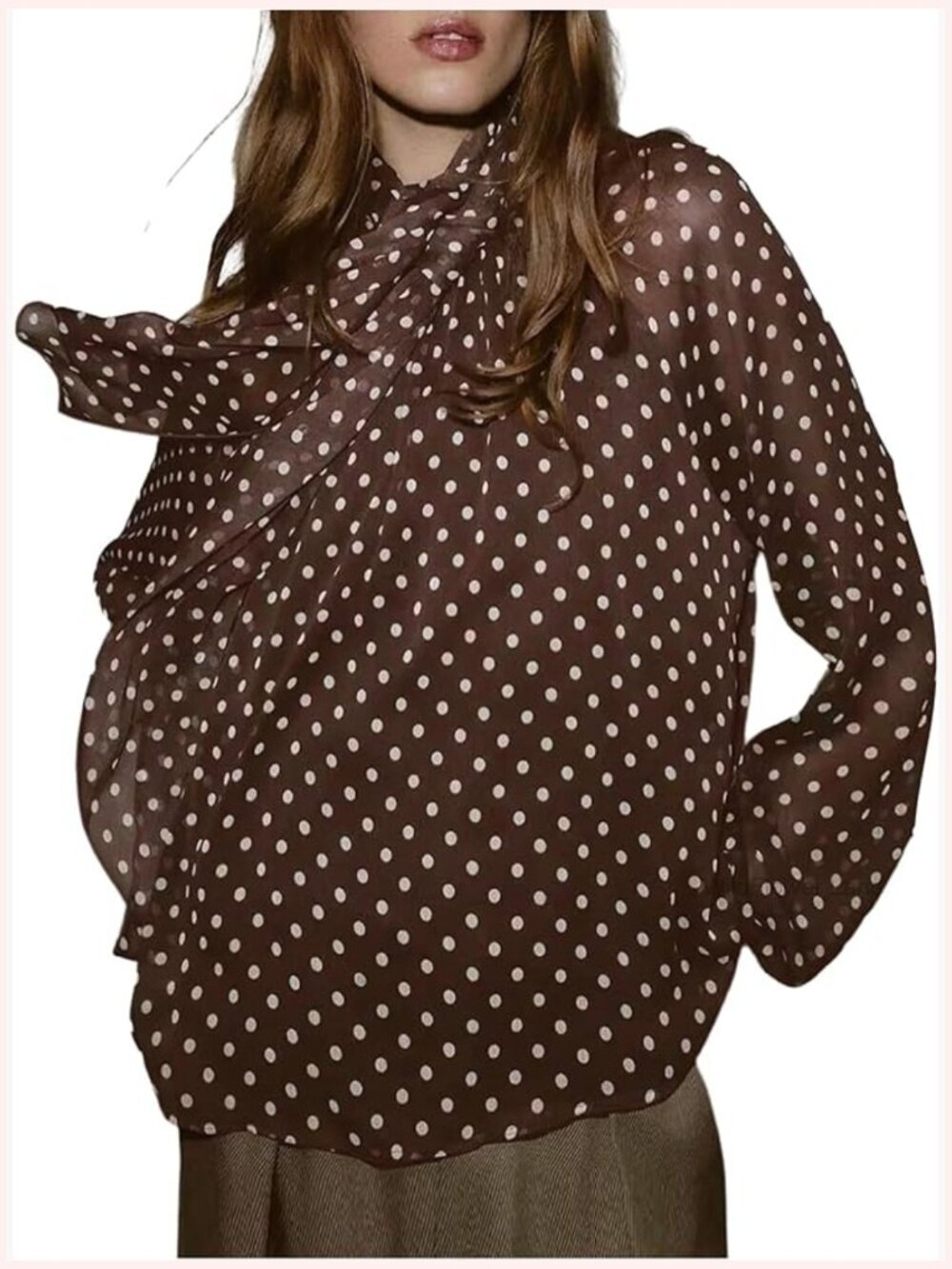 Long Sleeve Polka Dot Blouse Tie Neck Loose Fit Dressy Work Top